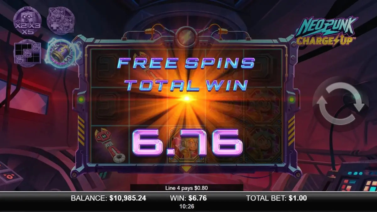 Interface futurista do slot NeoPunk Charge Up com elementos neon e robóticos